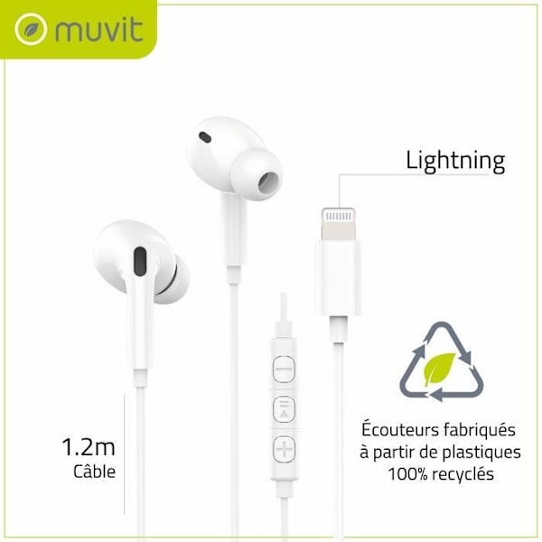 Intra Lightning -kuulokkeet mikrofonilla ja äänenvoimakkuuden säätöpainikkeella Muvit White Vit