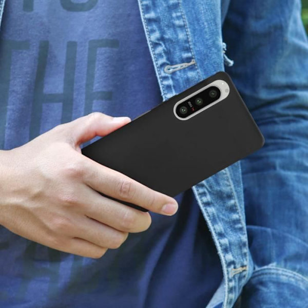 Sony Xperia 5 IV etui sort blød gel silikone og 9H hærdet glas sort kontur