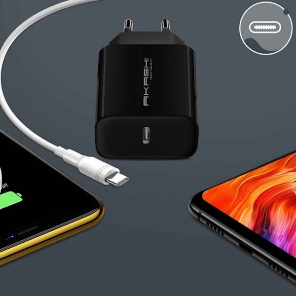 USB-C oplader - Akashi - 20W - Hurtigopladning - Sort - Til smartphones