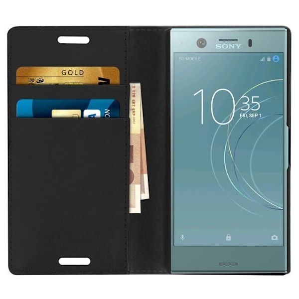 Etui Pung Læder - AVIZAR - Xperia XZ1 Compact - Sort - Fuldt Beskyttelse - Standfunktion Svart