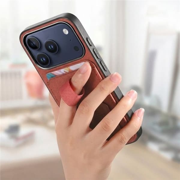 iPhone 17 Pro Fodral med Tyg Effekt och Stöd samt Kortfack Orange Apelsin