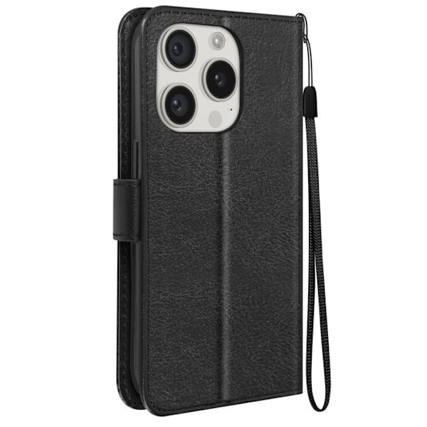 Etui til iPhone 15 Pro tegnebogsstativ funktion med håndledsrem Mayaxess Sort Svart