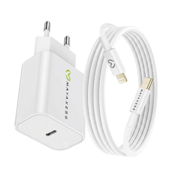 Lader til iPhone SE 2020 18W + Lightning-kabel 1m Mayaxess Hvid Vit