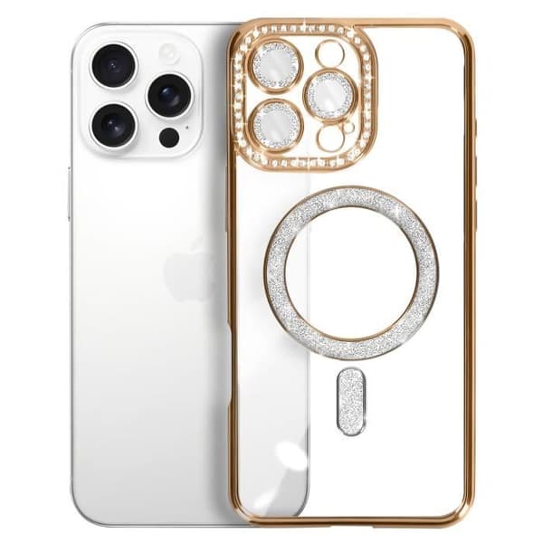 Coque - Diamant - iPhone 16 Pro Max - Guld Strass - Hållbar - Kompatibel med MagSafe Gul