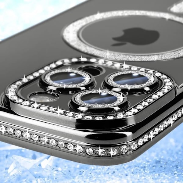 Coque Diamant für iPhone 16 Pro MagSafe-Schutz Kontur Strass Schwarz Svart