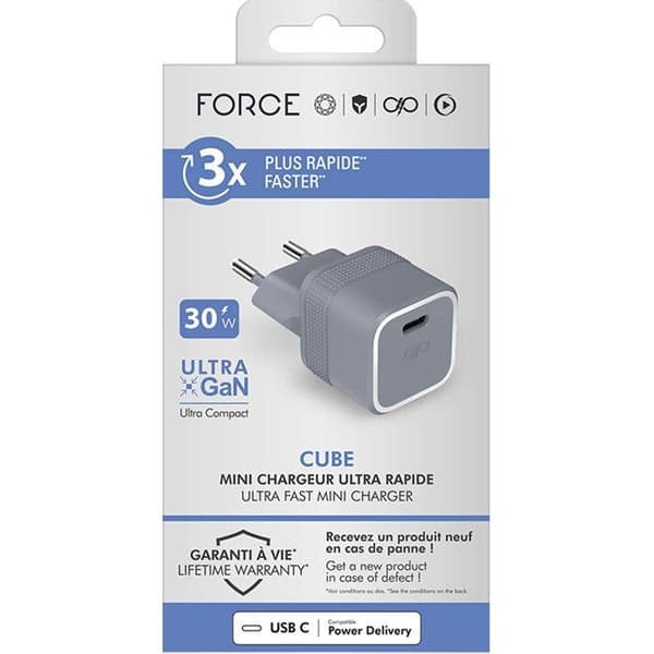 USB C-lader - Force Power - Cube 30W - UltraGaN - 100% Genbrugsplastik - Livstidsgaranti Grå