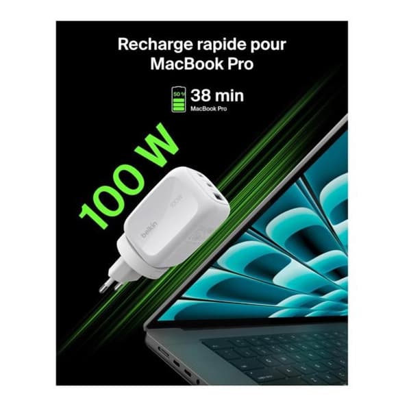 "USB-C 100W max PD-PPS vægoplader: 2 USB-C 100W, 1 USB-A 22.5W - hvid - Belkin"