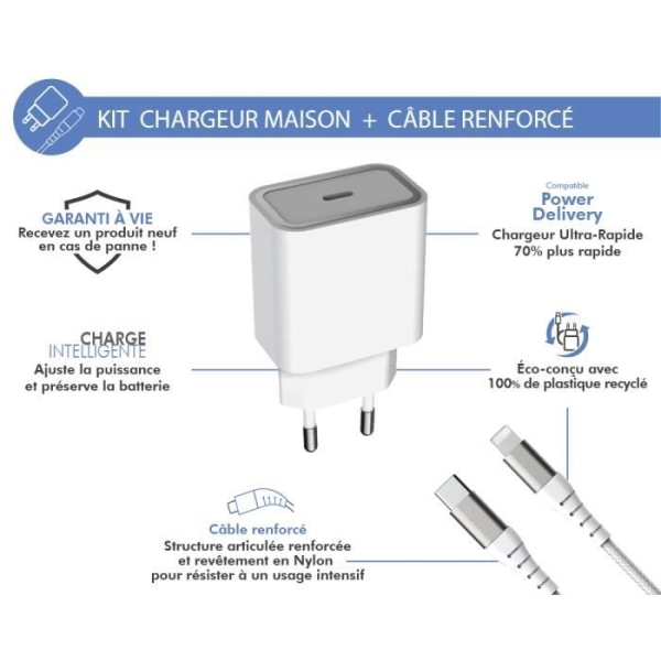 20W Power Delivery hjemmeoplader + USB C/Lightning forstærket kabel Livstidsgaranti Hvid 100 % genbrugsplast Force Power Lite