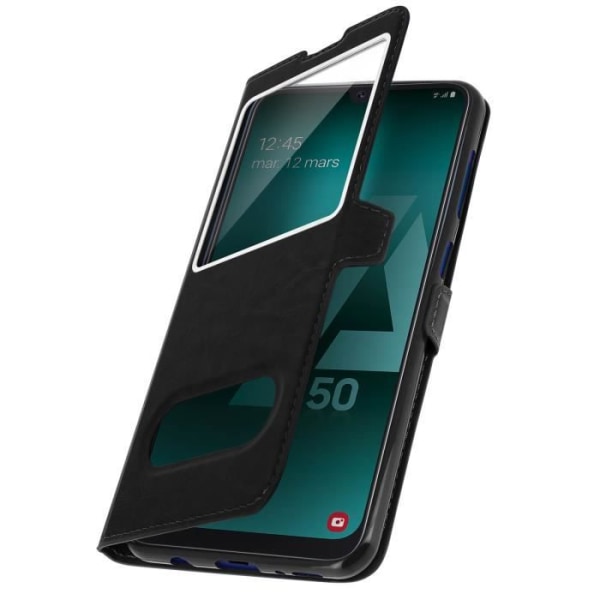 Cover til Samsung Galaxy A50 Double Window Protection Stand Funktion sort