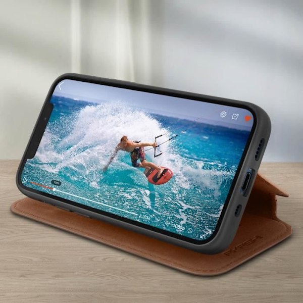 Aito nahkainen iPhone 12 Mini -kotelo, jossa korttipidike ja video tukitoiminto - AKASHI - Ruskea kastanj