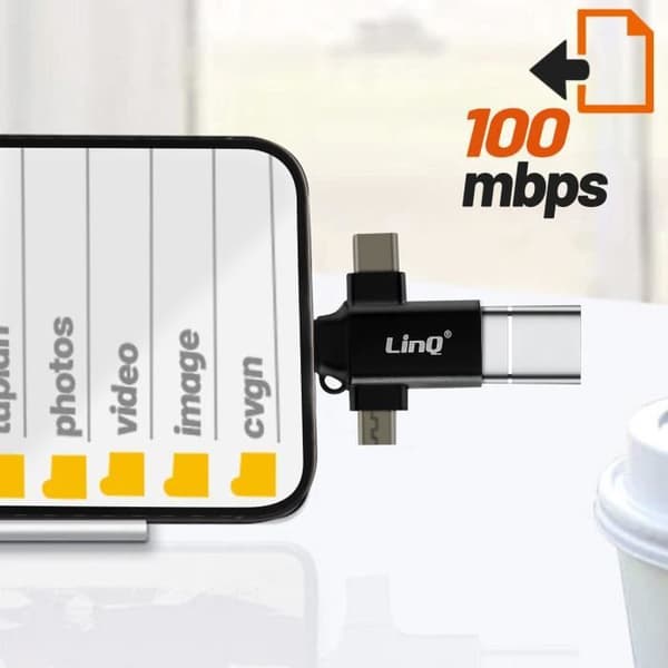 OTG-adapteri - LinQ - 3 in 1 - USB-C, Micro-USB, Lightning - USB 3.0 - Musta