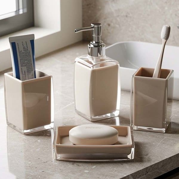 Sæt Badeværelsestilbehør 4 stk. Sæbedispenser, Glas og Sæbeskål Beige