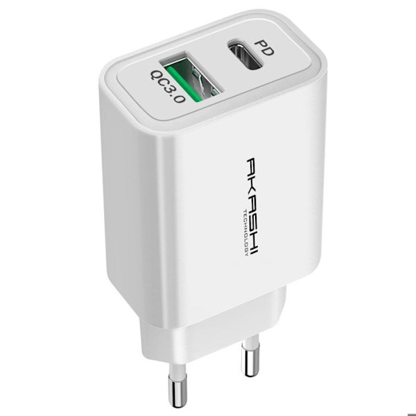 Oplader 38W Dobbelt USB-A QC 3.0 + USB-C PD Hurtigopladning Akashi hvid Vit