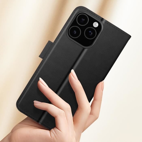 iPhone 16 Pro Max Etui - AVIZAR - Portefølje med Klap - Video Støtte - Sort Vegansk Læder - Semi-stift Svart