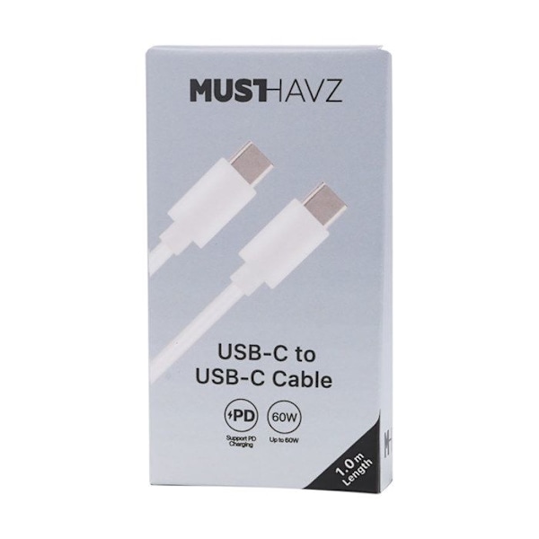 USB-C til USB-C PD 3.0 60W Opladning og Synkronisering 1m Grab 'N Go Hvid Vit