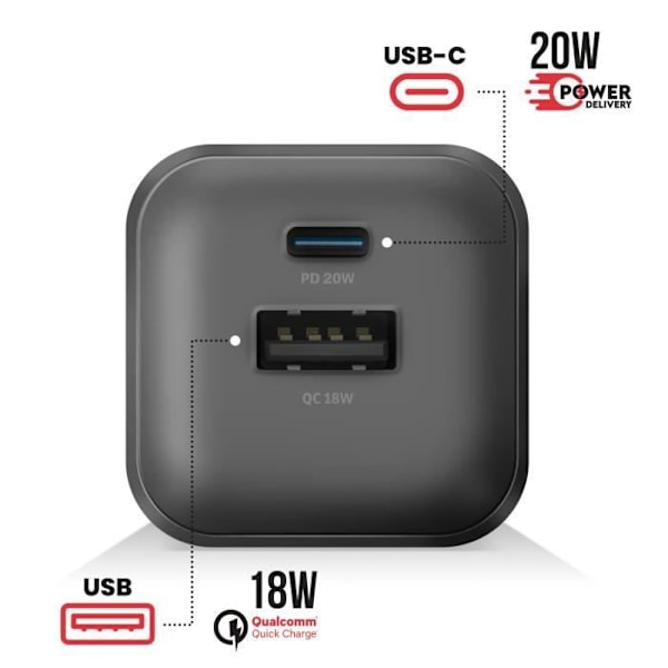 USB C Power Delivery 20W och USB Quick Charge 18W Sektorladdare Swissten Svart Svart