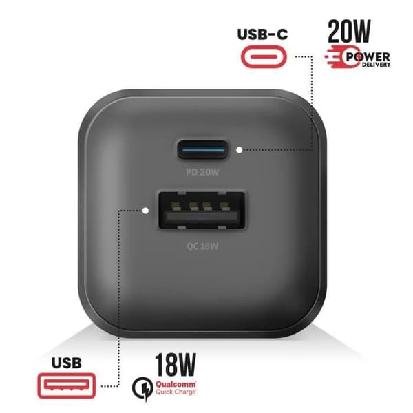 USB C Strømforsyning 20W og USB Quick Charge 18W Sektoroplader Swissten Sort Svart
