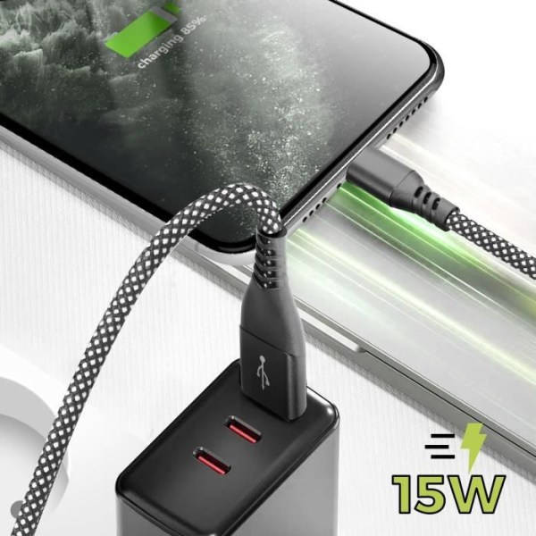 Ladekabel - MOXIE - Sort flettet nylon - 2m - USB til Lightning - Kompatibel iPhone 14/13/12/11/X Svart