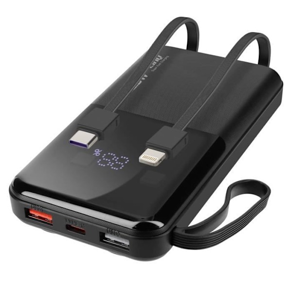 10000 mAh backup-batteri med Lightning og USB Type C-kabler LinQ Sort