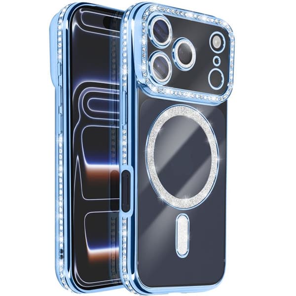 Coque Magsafe - AVIZAR - iPhone 17 Pro - Lys blå strassé kant - Stødbeskyttelse - Elegant Blå