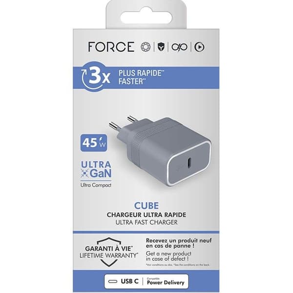 USB C-oplader - Force Power - Cube 45W - Power Delivery - UltraGaN - Grå Grå
