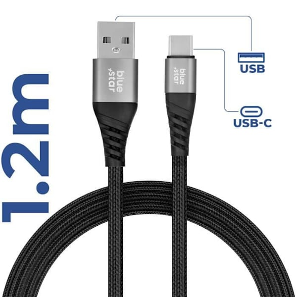 USB-USB-C-kaapeli 3A Lataussynkronointi Nylon punottu 1,2 m Blue Star Musta Svart