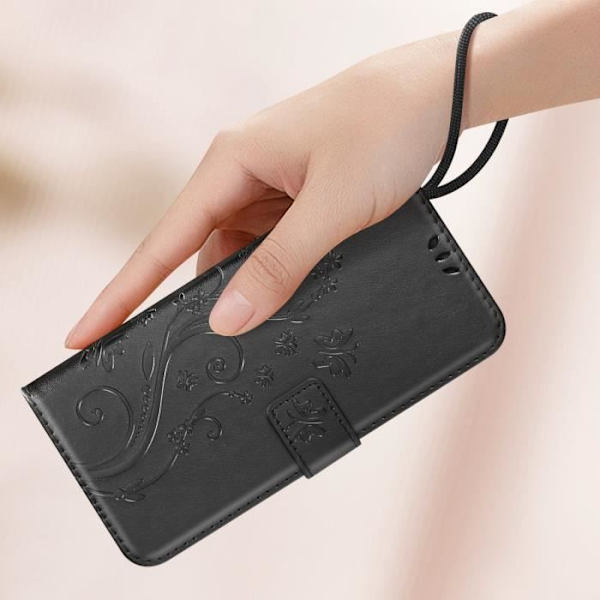 Suojakuori Samsung Galaxy A55 Wallet Flower Butterflylle mustalla rannehihnalla