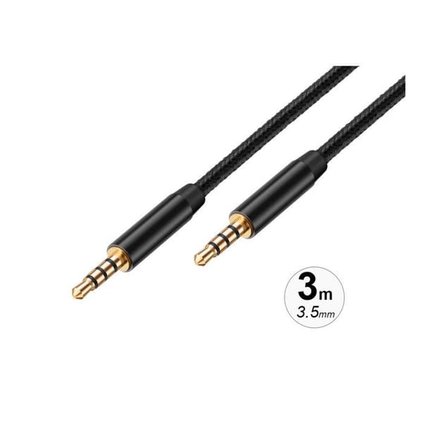 Ljudkabel 3,5 mm med förkromade kontakter i flätad nylon 3 m svart