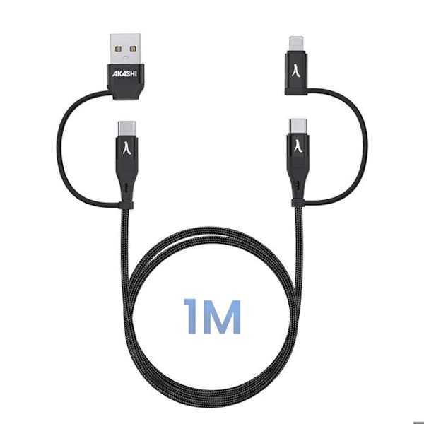 4-i-1 USB-C og USB til USB-C og Lightning Opladning 20W 1m Akashi Sort Svart