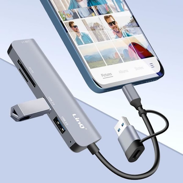 USB C og USB Hub med USB 3.0 + 2x USB 2.0 SD og TF kortlæser LinQ Sort