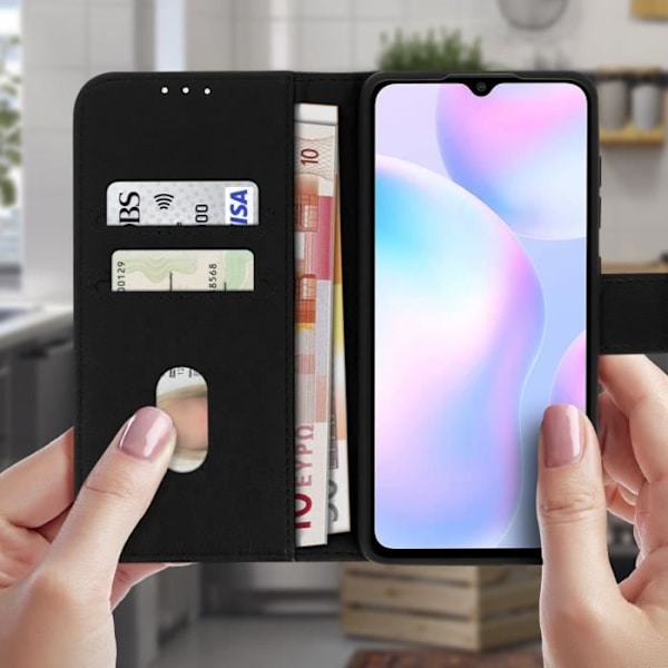 Fodral för Xiaomi Redmi 9A - AVIZAR - Skyddshölje med kortfack och videostöd - Svart Svart