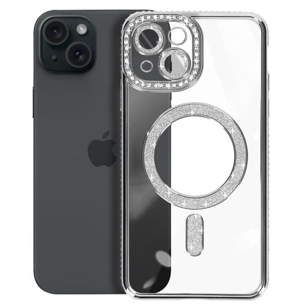 Cover - ADVARSEL - iPhone 15 - MagSafe beskyttelse - Strass kontur - Gennemsnit bagside Grå
