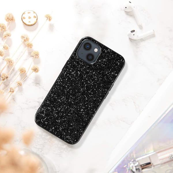 iPhone 13 Case Glitter Design Stiv Anti-Slip Relief Finish Sort Svart