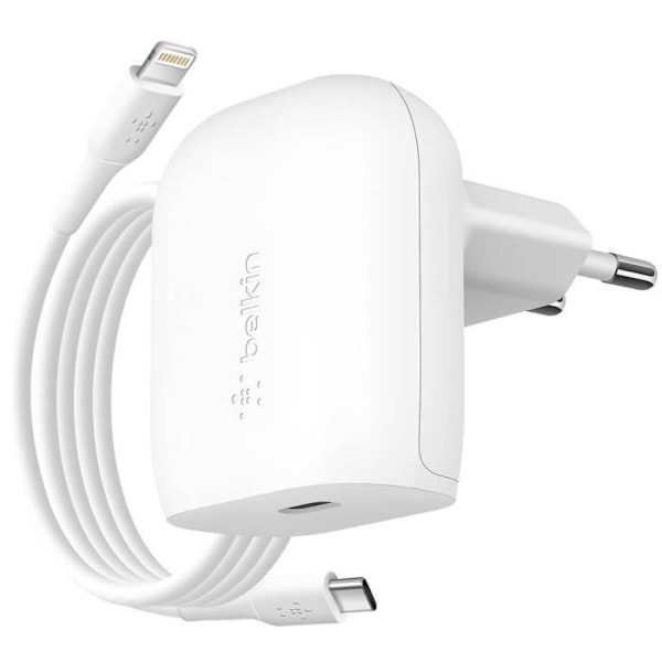 USB C Strömadapter 20W Platt Format USB C till Lightning Kabel 1m Belkin Vit Vit