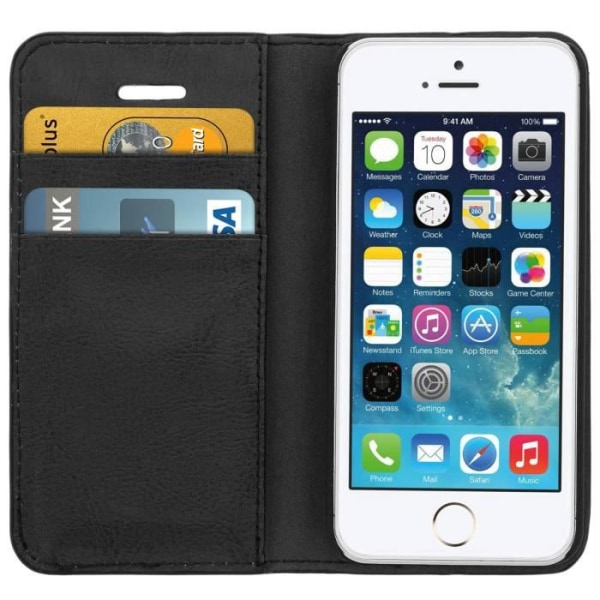 iPhone 5/5S/SE etui - Ægte læder - Sort - Støttefunktion - Kortpladser - Hårdt cover Svart