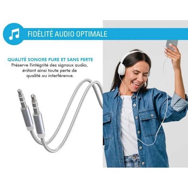 Ljudkabel 3,5 mm - FORCE POWER - Förstärkt vävd nylon - 3m - Vit - Optimal överföring