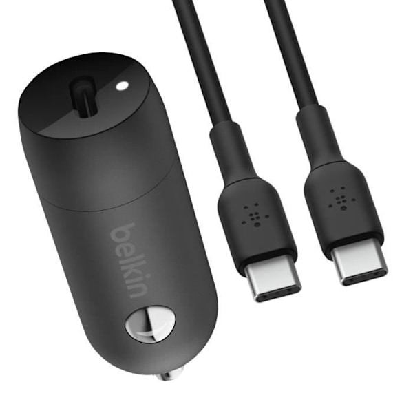 USB-C bilopladningsadapter - BELKIN - BoostCharge - 30W - USB-C kabel 1m - Kompakt design Svart