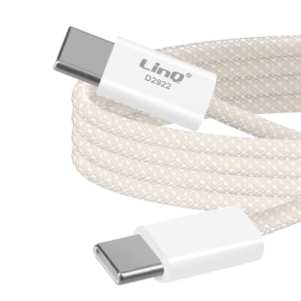 USB-C til USB-C kabel - LinQ - 60W - 2 meter - Opladning og synkronisering - Vævet nylon Vit