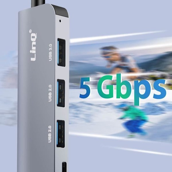 USB Hub OTG-understøttelse 5 Gbps SD / TF-kortlæser og 3,5 mm lydstik LinQ Grå