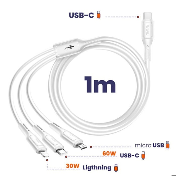 3-in-1 USB-C, Micro USB ja Lightning Nopeaa latausta 60W 1m wiwu Valkoinen
