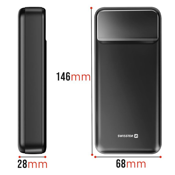 Ekstern batteri 20000mAh med USB-C og 2 USB LED-skærm kompakt Swissten sort Svart