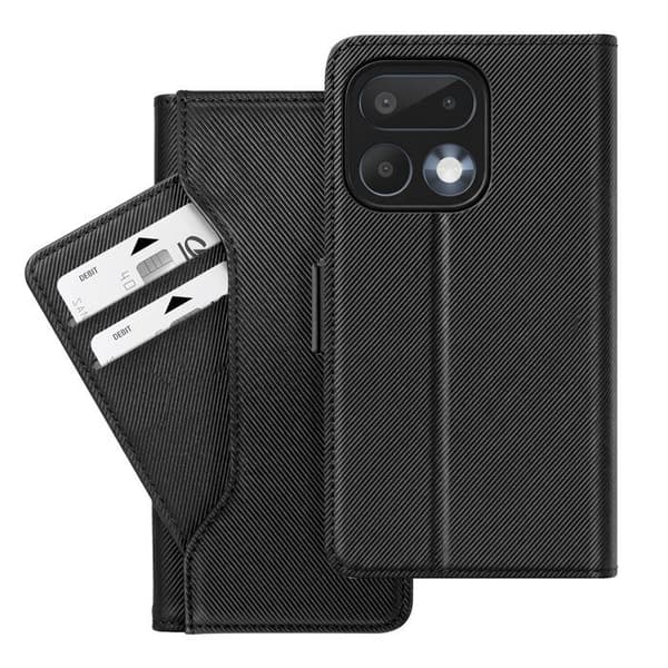 Etui til Realme 16 Pro, tekstureret læderlook med spejl og kortlomme, sort Svart