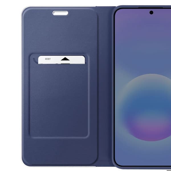 Folio-etui til Galaxy A57 Carbon-effekt med metalramme og kortlomme i blå Blå