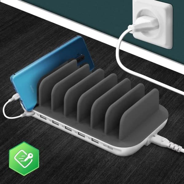 Multienhedslader - 4SMARTS - 6x USB + 1x USB-C - 5V/2.4A - Hvid - Skridsikker