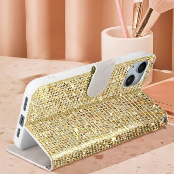 iPhone 15 Case - Glam Edition - Disko Glitter - Syntetisk læder - Glitrende rem - Video Støtte Gul