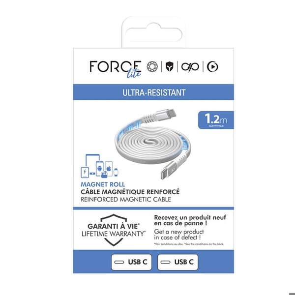 USB-C-kabel - FORCE POWER - Effekt 60W 3A - Förstärkt platt 1.2m - Flätad nylon - Magnetisk förvaring