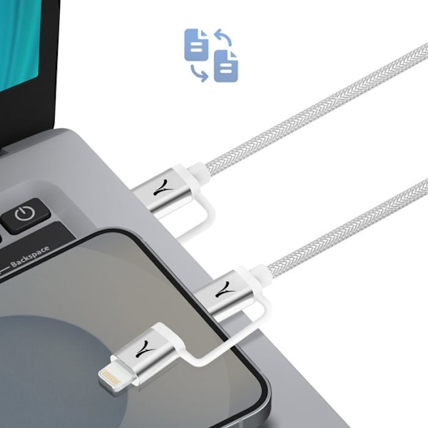 4-i-1 USB-C + Lightning Kabel Kompatibel med Apple CarPlay Android Auto Akashi Grå Grå