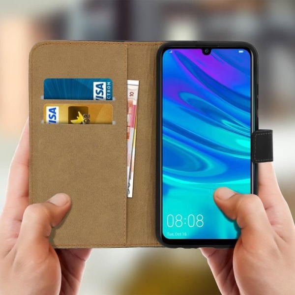 Housse - AVIZAR - Huawei P Smart 2019 / Honor 10 Lite - Ægte læder - Video støtte - Sort kortholder Svart