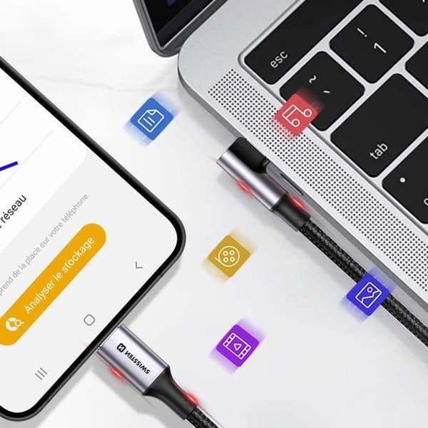 USB C-kabel - Swissten - 100W - Bågdesign - Nylonflätad - 2 meter Svart
