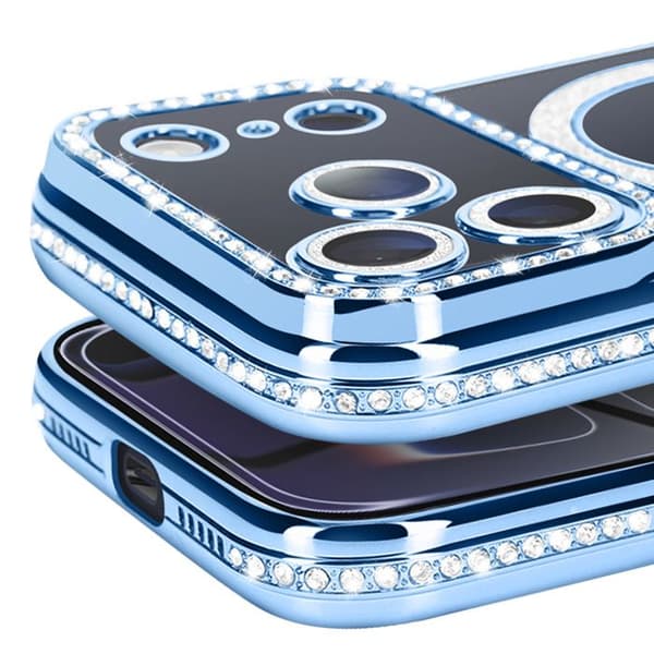 Coque Magsafe - AVIZAR - iPhone 17 Pro - Lys blå strassé kant - Stødbeskyttelse - Elegant Blå